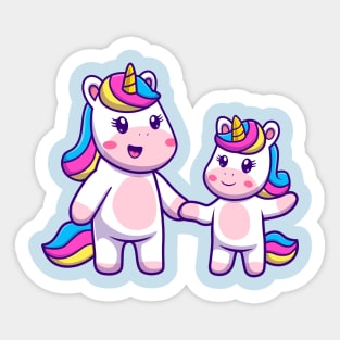 Cute Mom Unicorn With Baby Unicorn Cartoon Sticker